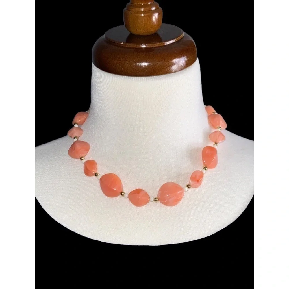 2 Avon Vintage Peach Bulky Bead 18” Necklaces & A Pair Post Earrings LIke New